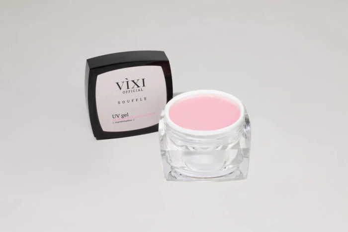 Gel Soufflé Marshmallow HEMA/TPO FREE - pot ouvert et boîte sur fond gris