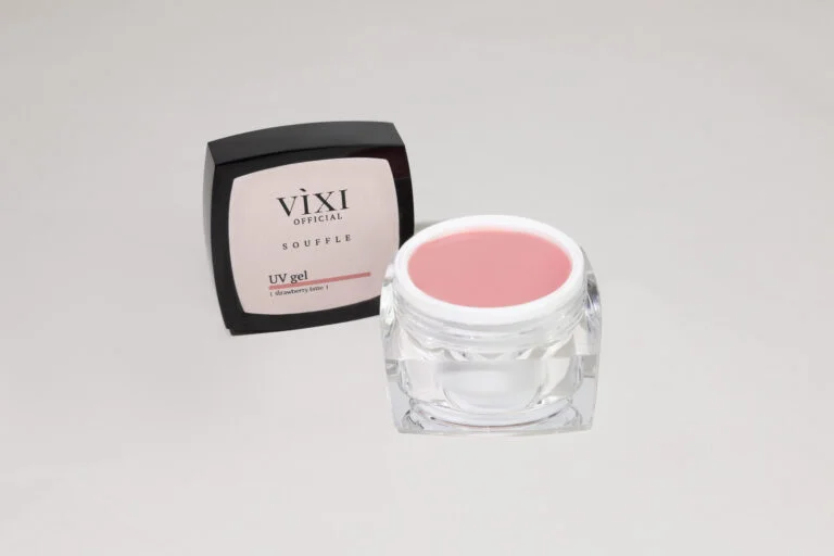 Gel Soufflé Strawberry Latte HEMA/TPO FREE - pot ouvert et boîte sur fond gris