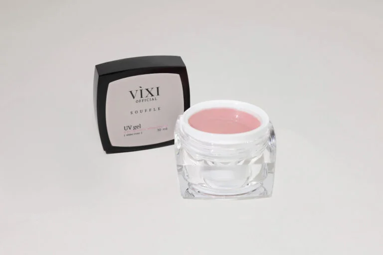 Gel Soufflé Shine Rose HEMA/TPO FREE - pot ouvert et boîte sur fond gris